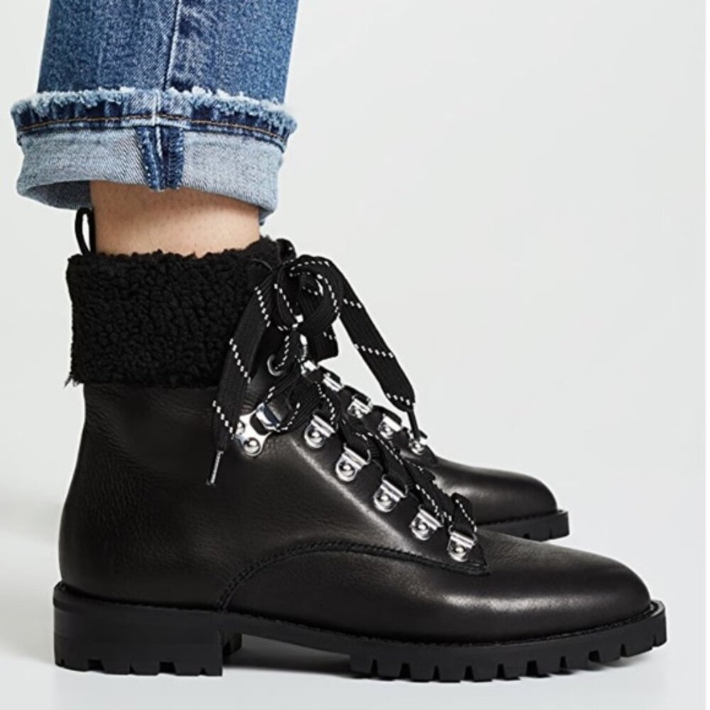 Rebecca Minkoff Black Leather Shearling Lace Up Combat Jaylin Boots Size 8